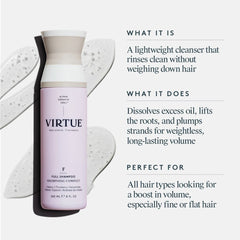 Virtue Full Shampoo bottle on a clear gel swatch with benefits of the lightweight volumizing cleanser