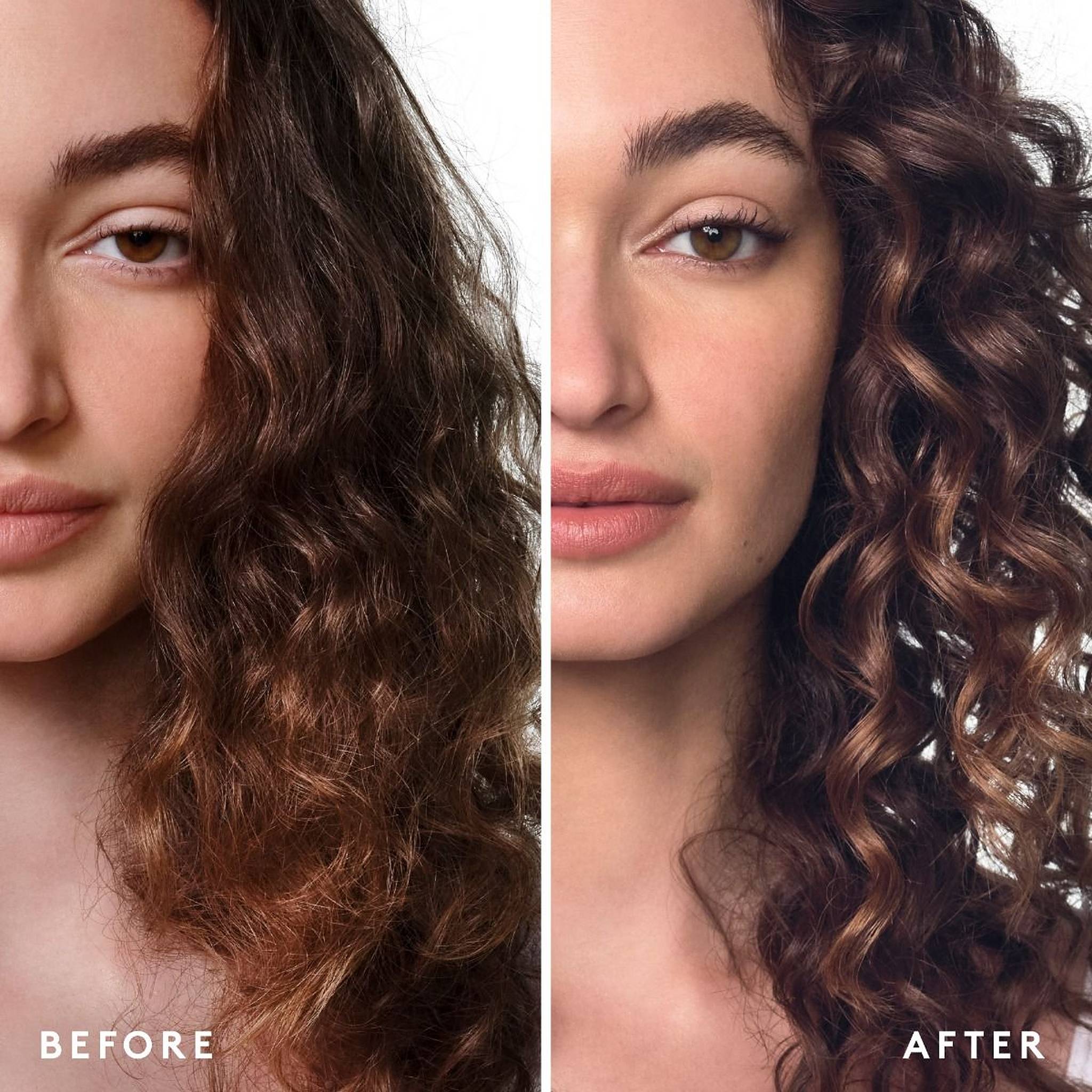 VIRTUE Healing Gloss before and after on curly brown hair with defined shiny curls