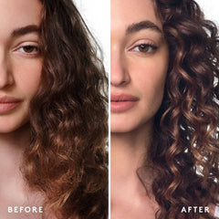 VIRTUE Healing Gloss before and after on curly brown hair with defined shiny curls