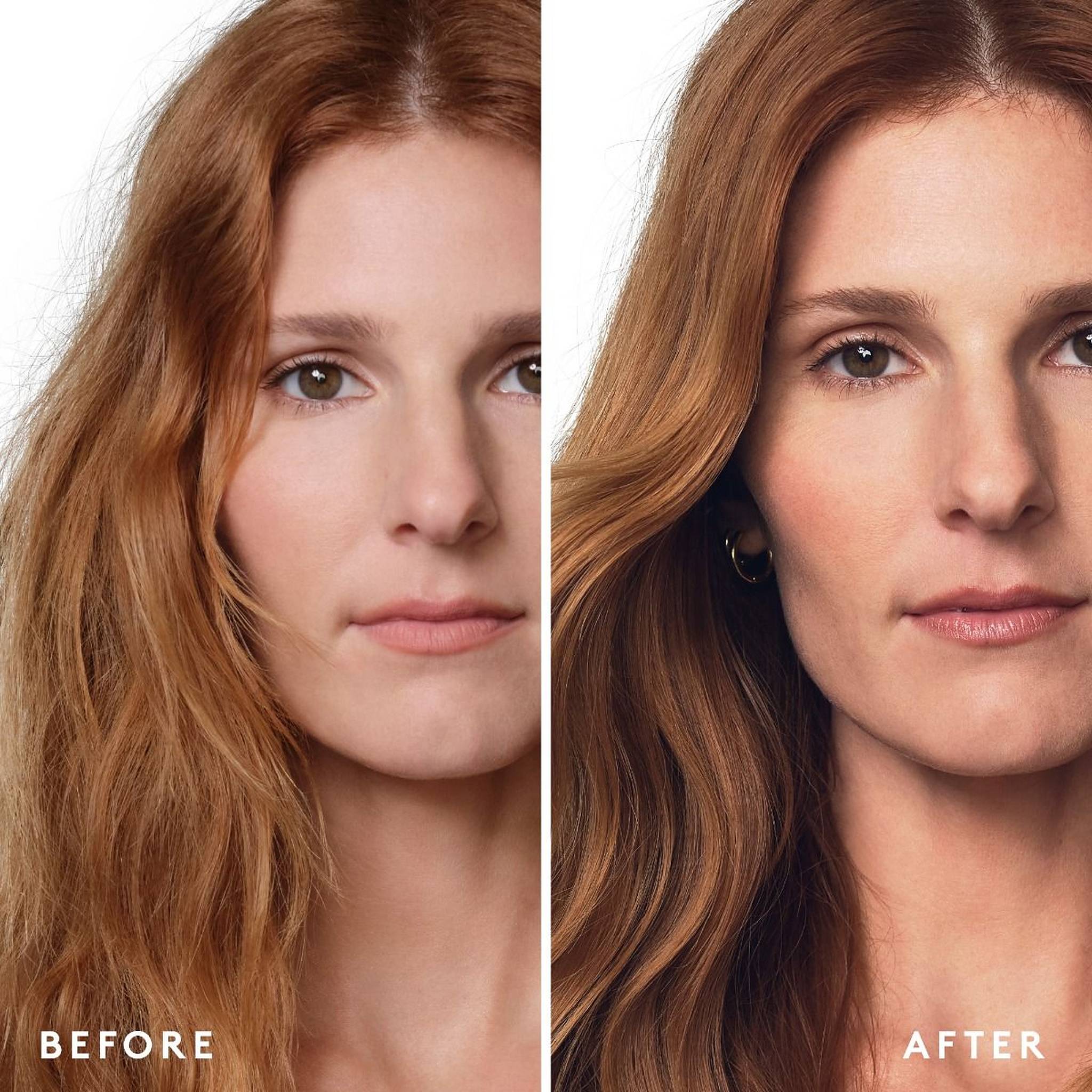VIRTUE Healing Gloss before and after on frizzy red hair showing smooth glossy results