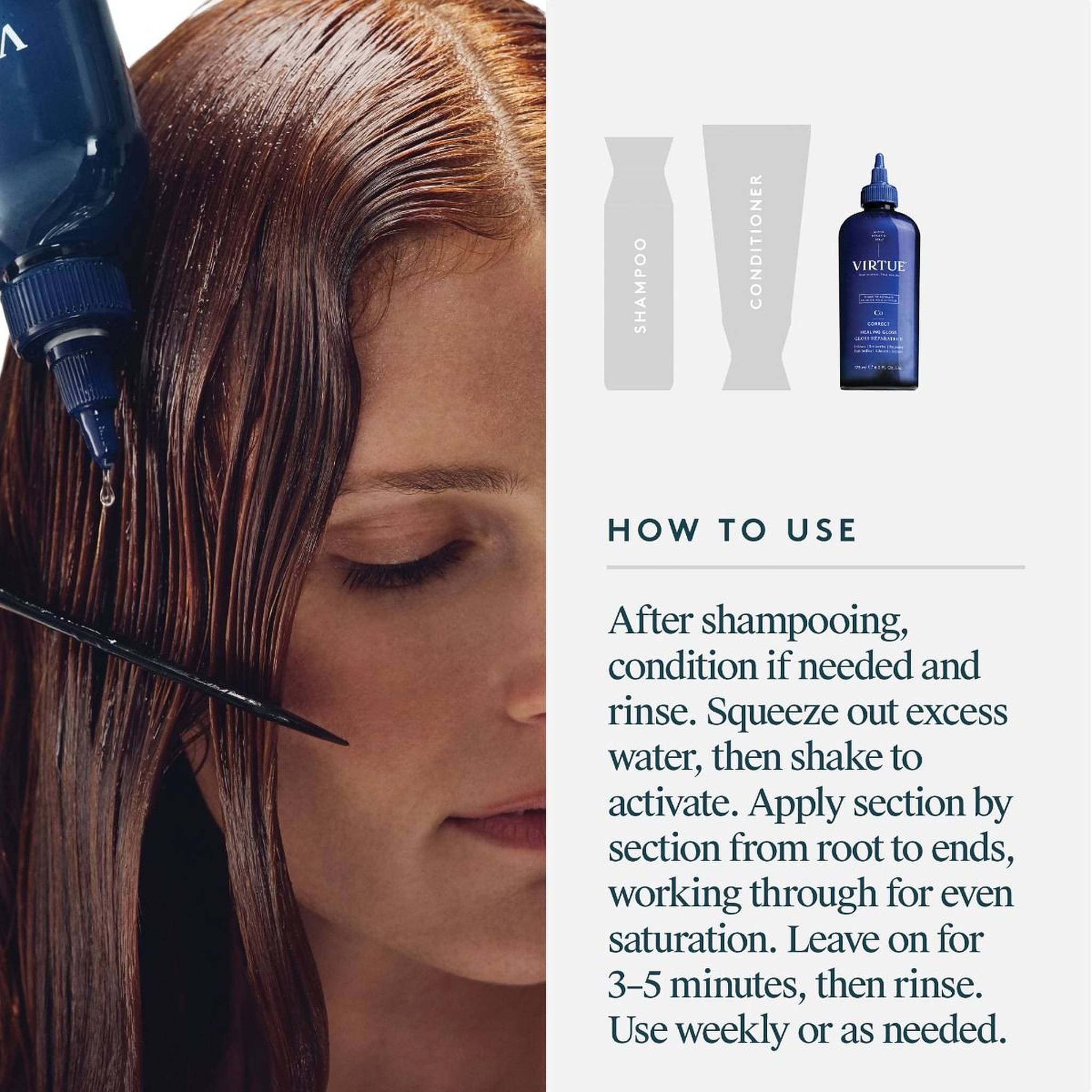 How to apply VIRTUE Healing Gloss section by section on wet hair after shampoo and conditioner