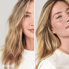 Before and after VIRTUE Healing Oil showing smoother shinier blonde hair