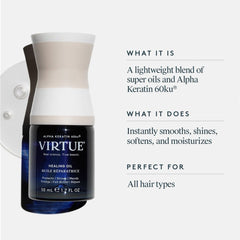 VIRTUE Healing Oil benefits for all hair types including smoothing shine and moisture
