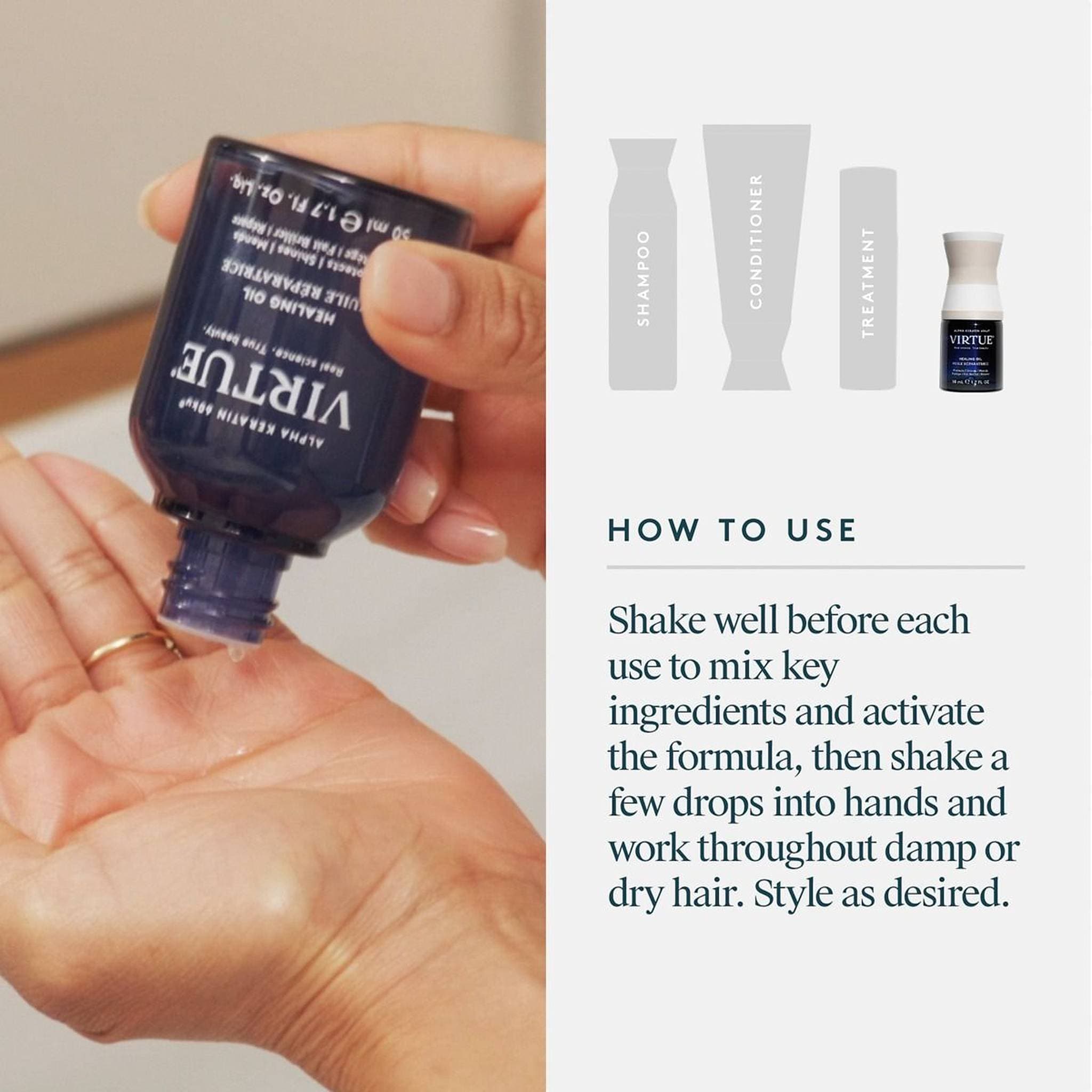 How to use VIRTUE Healing Oil by shaking a few drops into hands for damp or dry hair