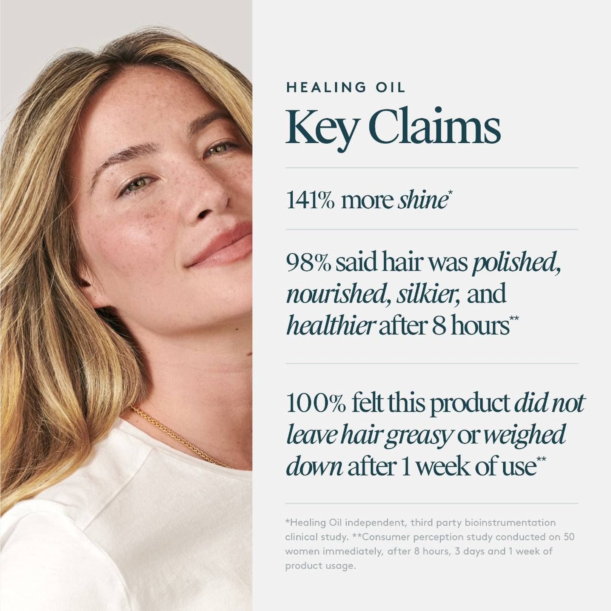 VIRTUE Healing Oil key claims showing 141% more shine and non-greasy results