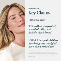 VIRTUE Healing Oil key claims showing 141% more shine and non-greasy results