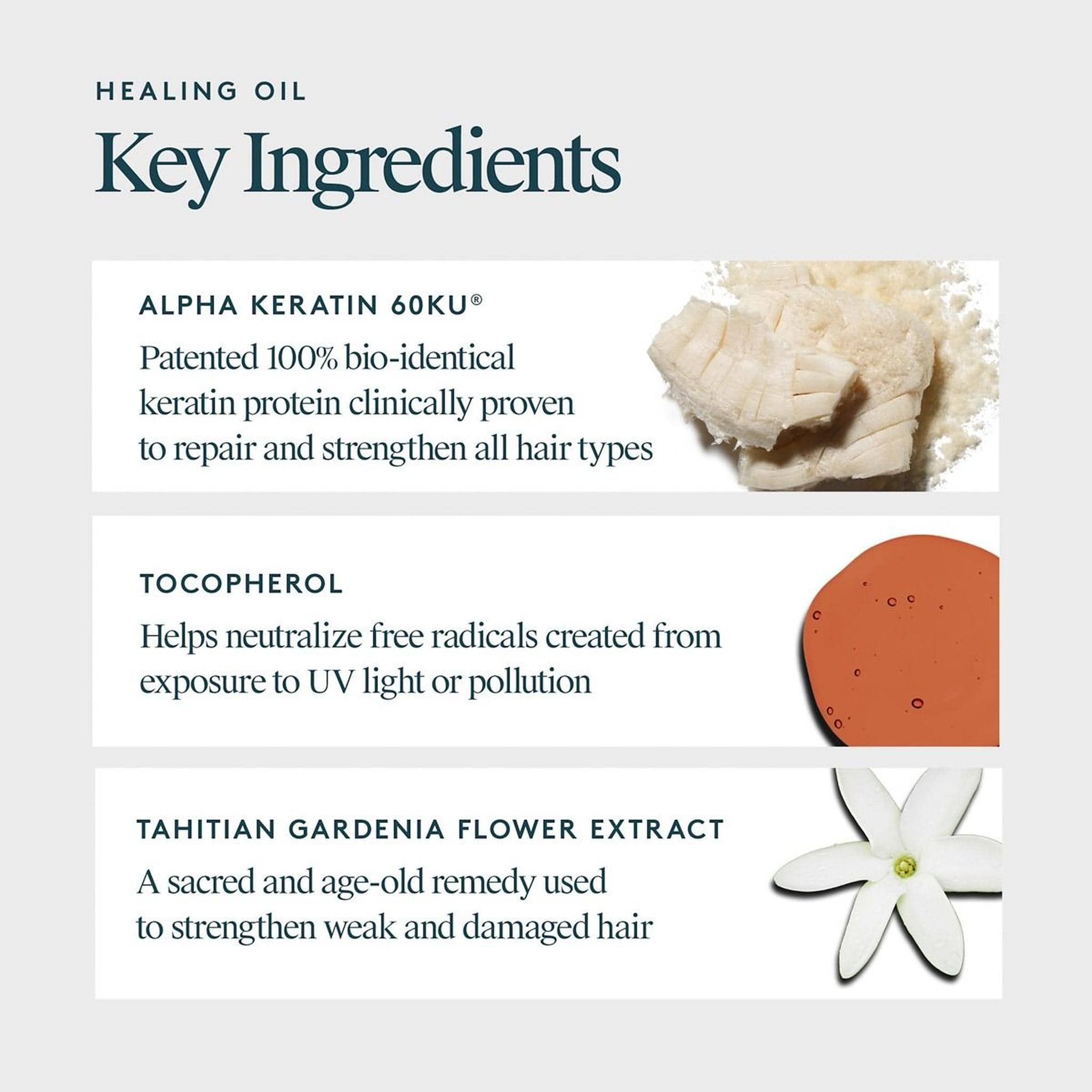 VIRTUE Healing Oil key ingredients Alpha Keratin 60ku tocopherol and Tahitian gardenia extract