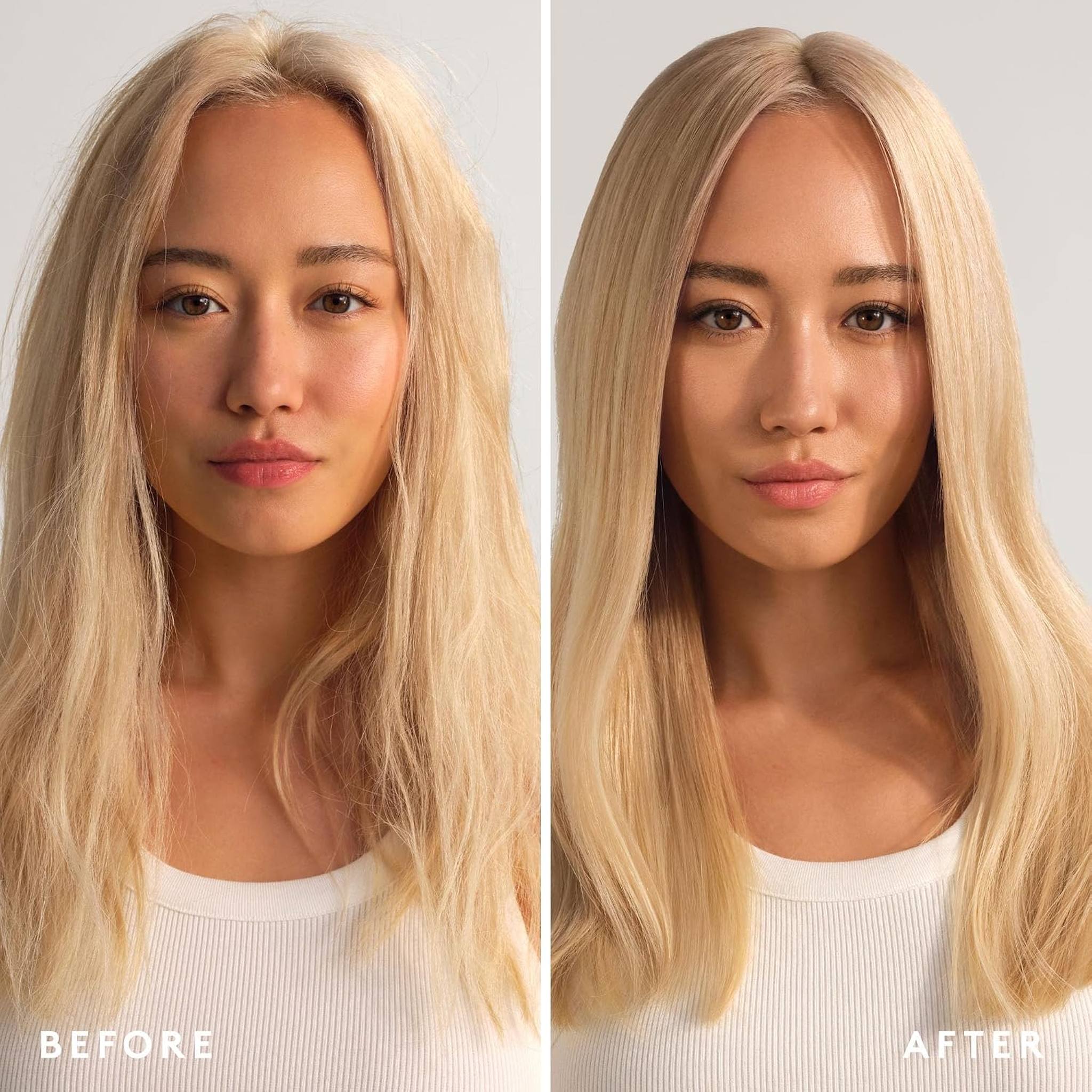 Before and after VIRTUE Leave-In Conditioner on frizzy blonde hair now smooth and shiny