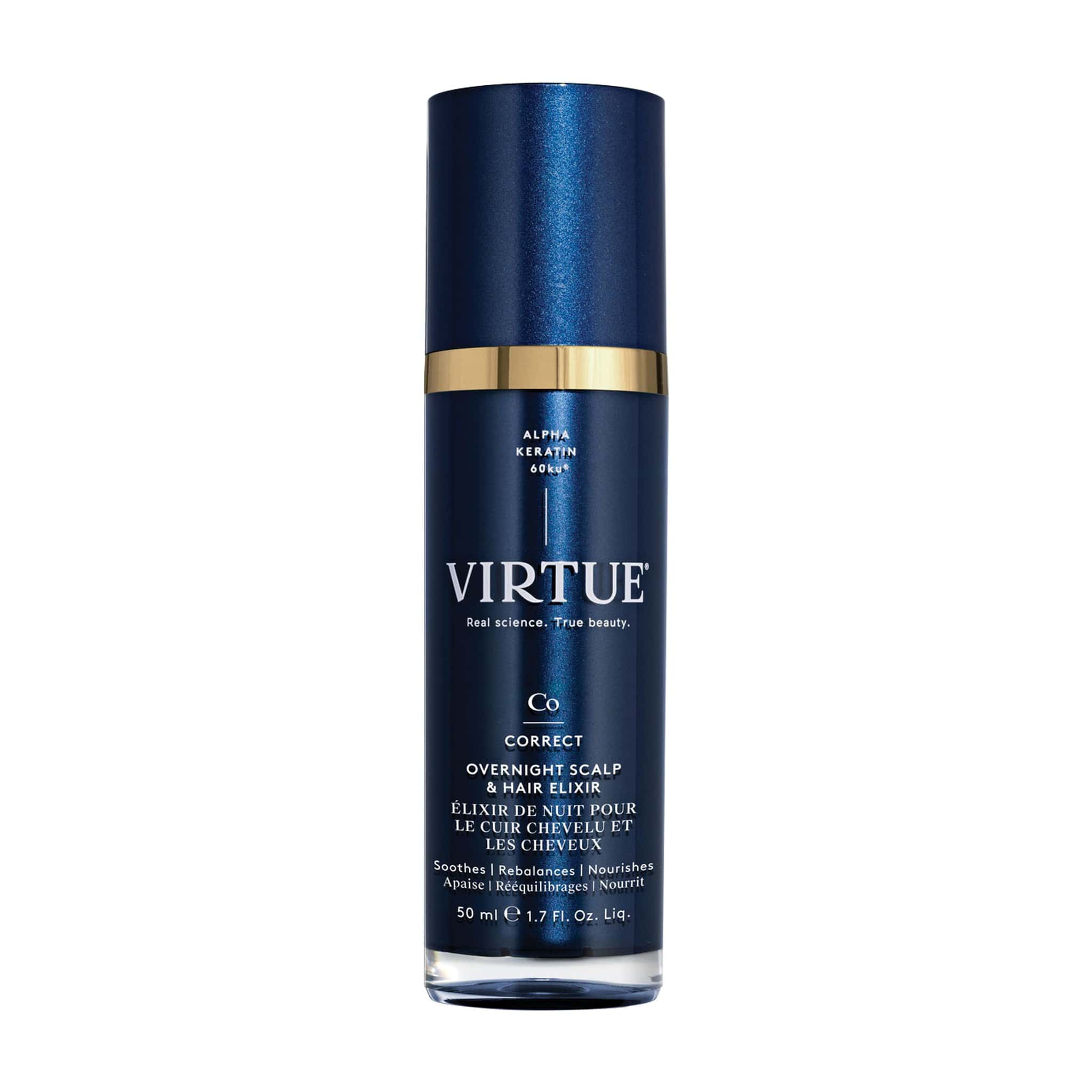 Virtue Overnight Scalp and Hair Elixir 1.7 oz navy pump bottle with Alpha Keratin that soothes rebalances and nourishes