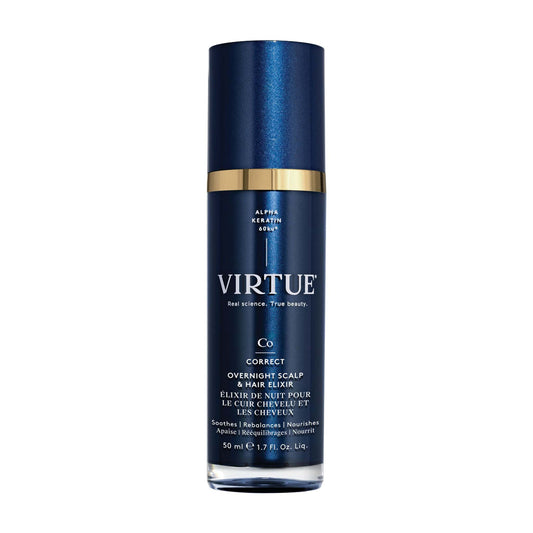Virtue Overnight Scalp and Hair Elixir 1.7 oz navy pump bottle with Alpha Keratin that soothes rebalances and nourishes