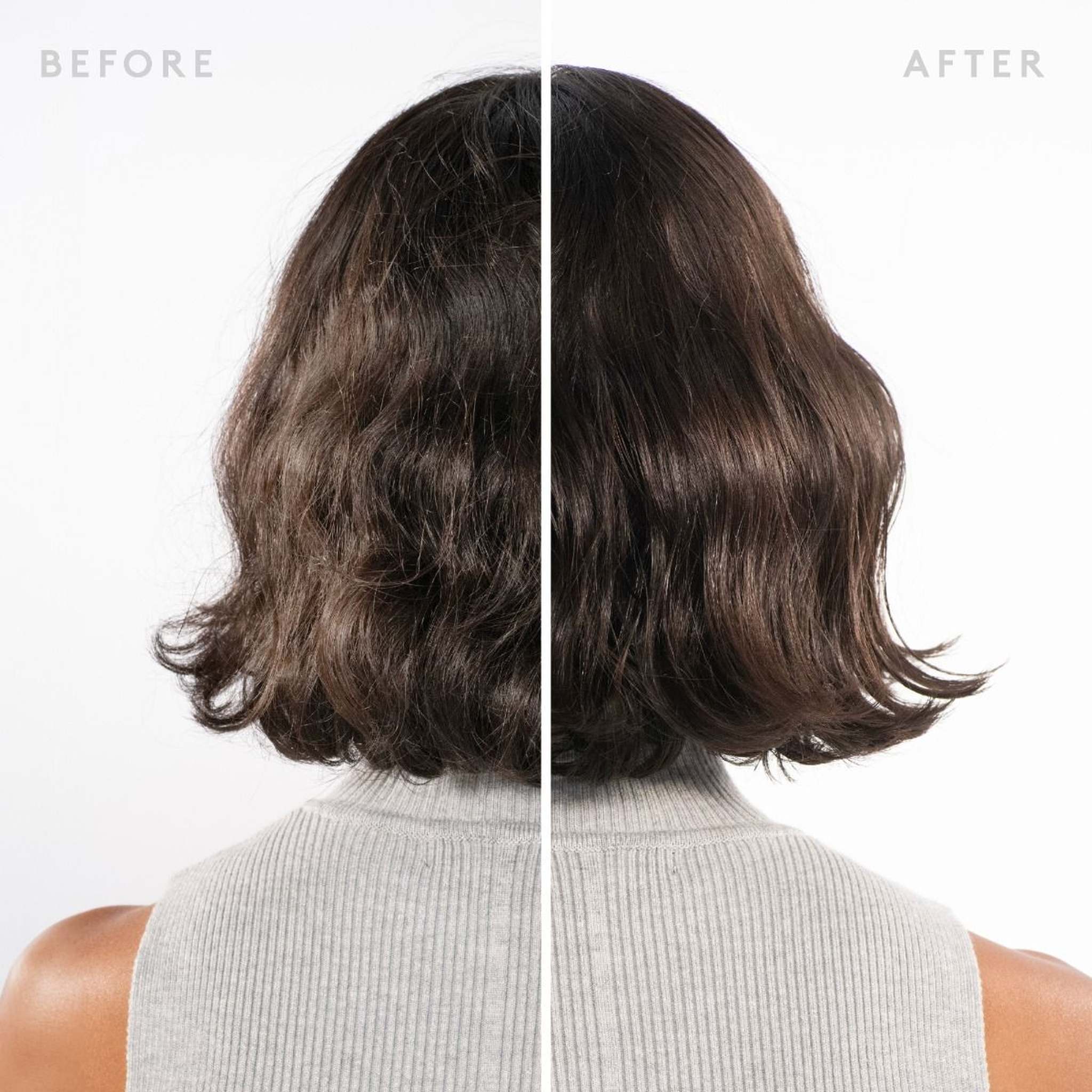 Before and after on a brown wavy bob showing smoother shinier less frizzy hair after the overnight hair elixir