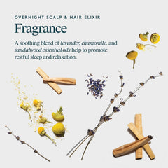Dried lavender chamomile flowers and sandalwood sticks behind the calming scent of the overnight hair elixir