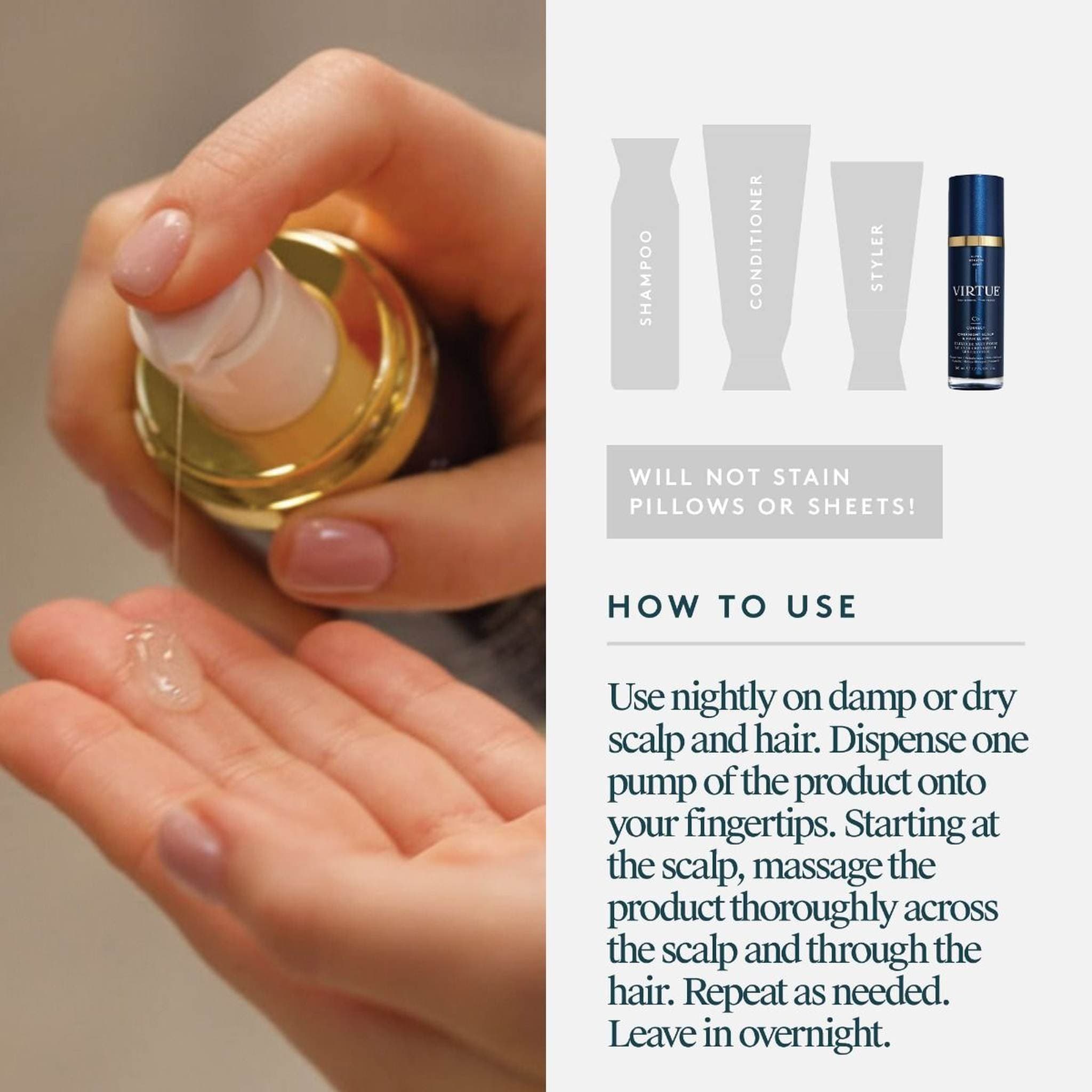 Pumping clear overnight scalp elixir onto fingertips to massage into damp or dry scalp before bed