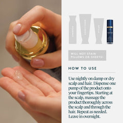 Pumping clear overnight scalp elixir onto fingertips to massage into damp or dry scalp before bed