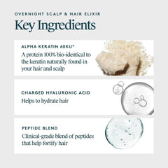 Overnight scalp and hair elixir key ingredients Alpha Keratin 60ku charged hyaluronic acid and peptide blend