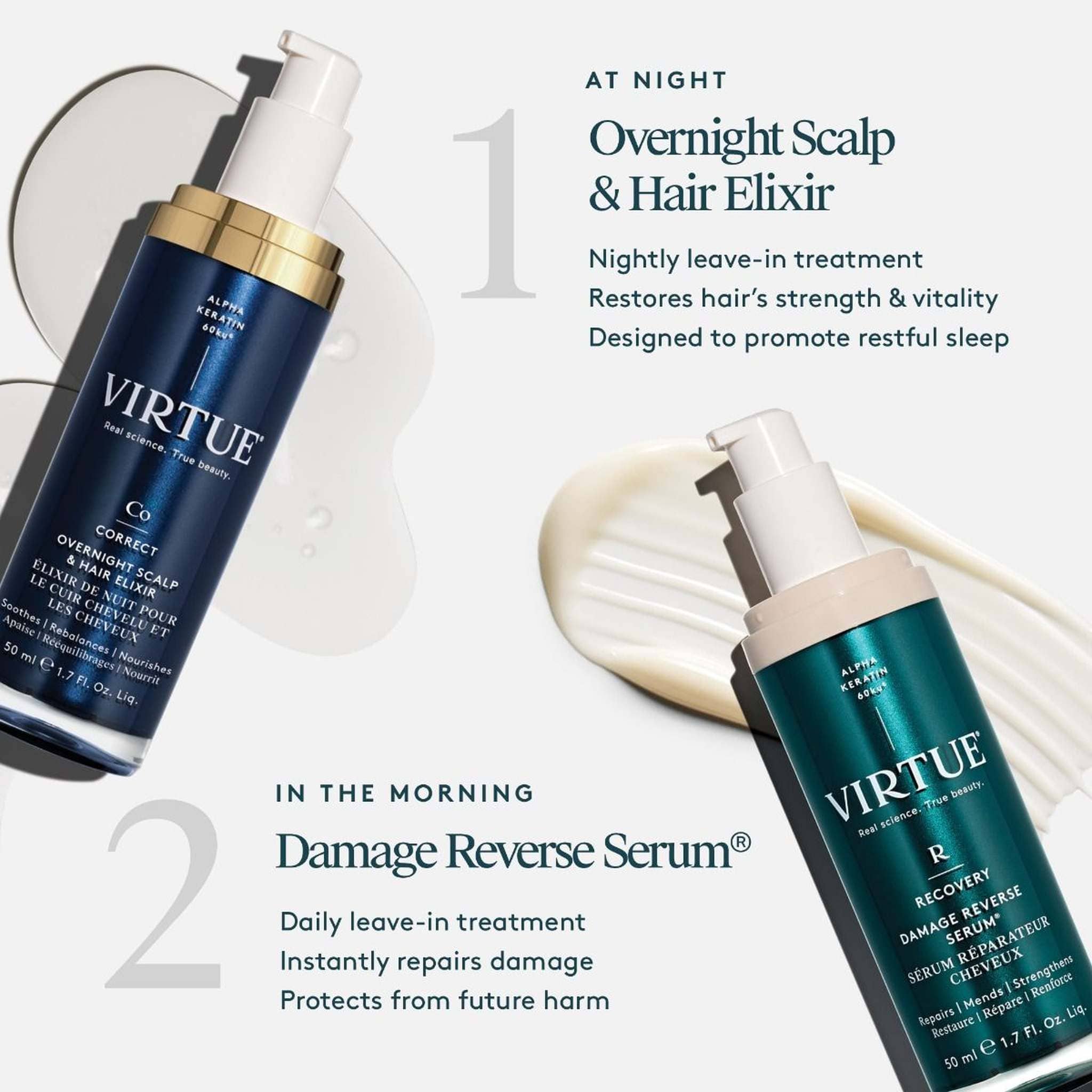 Virtue hair routine with Overnight Scalp and Hair Elixir at night and Damage Reverse Serum in the morning