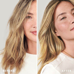 Dry frizzy blonde hair before and smooth shiny hair after using Virtue Recovery Conditioner