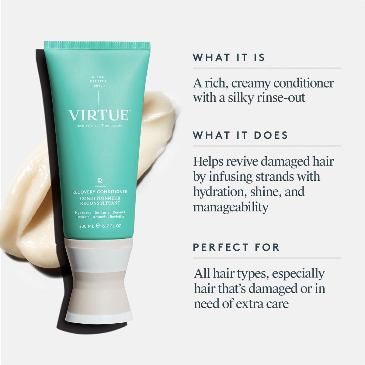 Virtue Recovery Conditioner tube with a rich cream swatch and benefits for reviving damaged hair