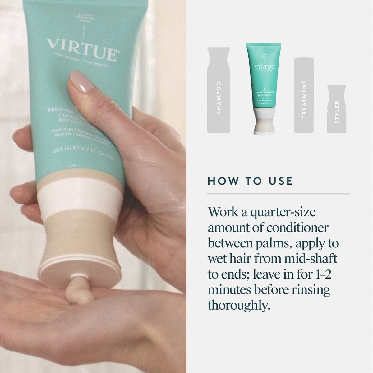 Hands squeezing Virtue Recovery Conditioner into a palm with how-to-use steps from mid-shaft to ends