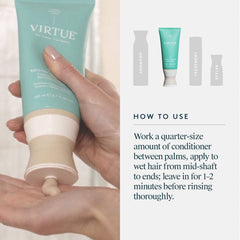 Hands squeezing Virtue Recovery Conditioner into a palm with how-to-use steps from mid-shaft to ends