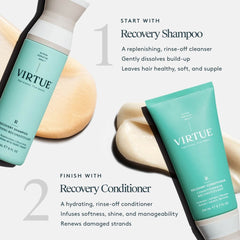Recovery Shampoo then Recovery Conditioner in a two-step damaged hair routine with product swatches