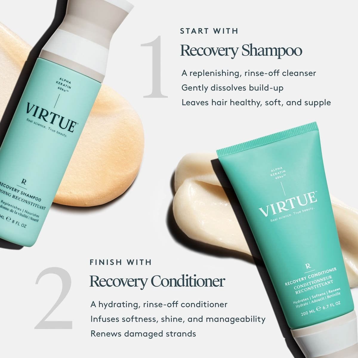 Virtue Recovery Shampoo and Recovery Conditioner two-step routine for damaged hair with swatches