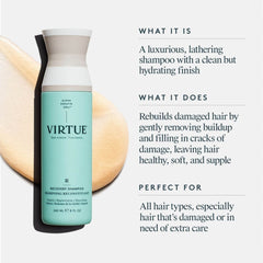 Virtue Recovery Shampoo bottle on a golden lather swatch with benefits for rebuilding damaged hair