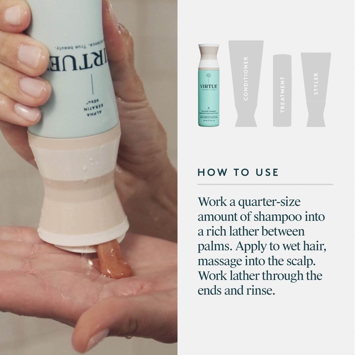 Recovery Shampoo dispensed into a wet palm with how-to-use steps for lathering and rinsing