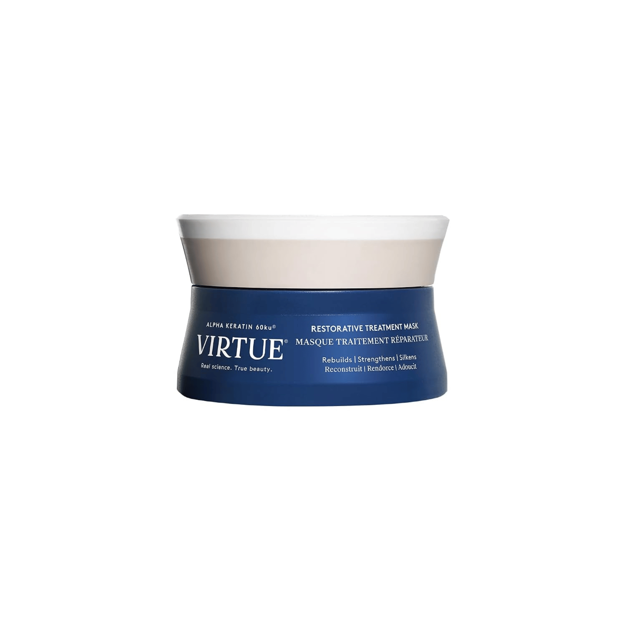 Virtue Restorative Treatment Mask jar with Alpha Keratin 60ku for dry damaged hair 1.7 oz
