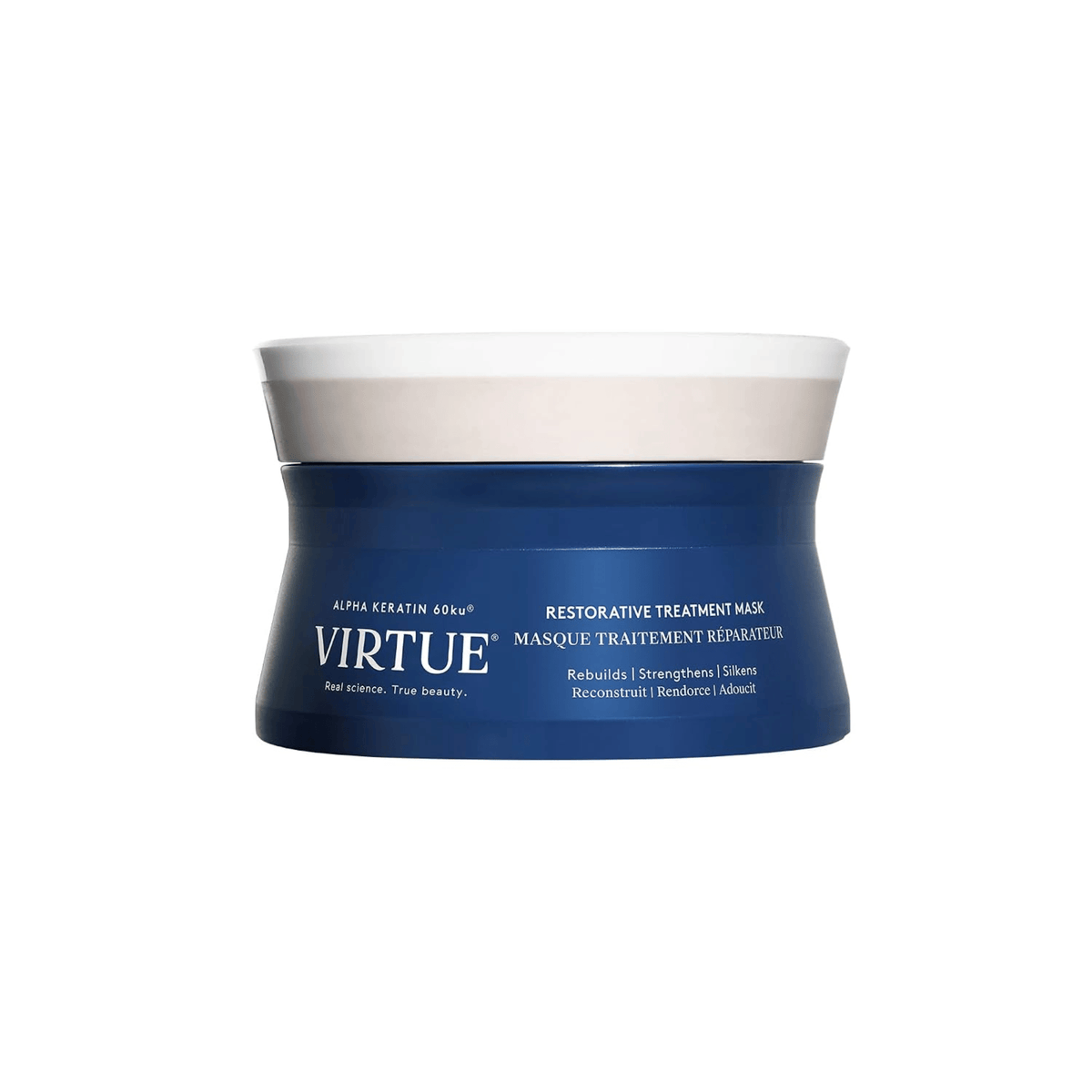 Virtue Restorative Treatment Mask jar with Alpha Keratin 60ku for dry damaged hair 5 oz