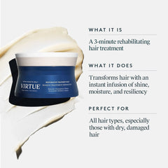 Virtue Restorative Treatment Mask with creamy texture swatch and benefits for shine and moisture