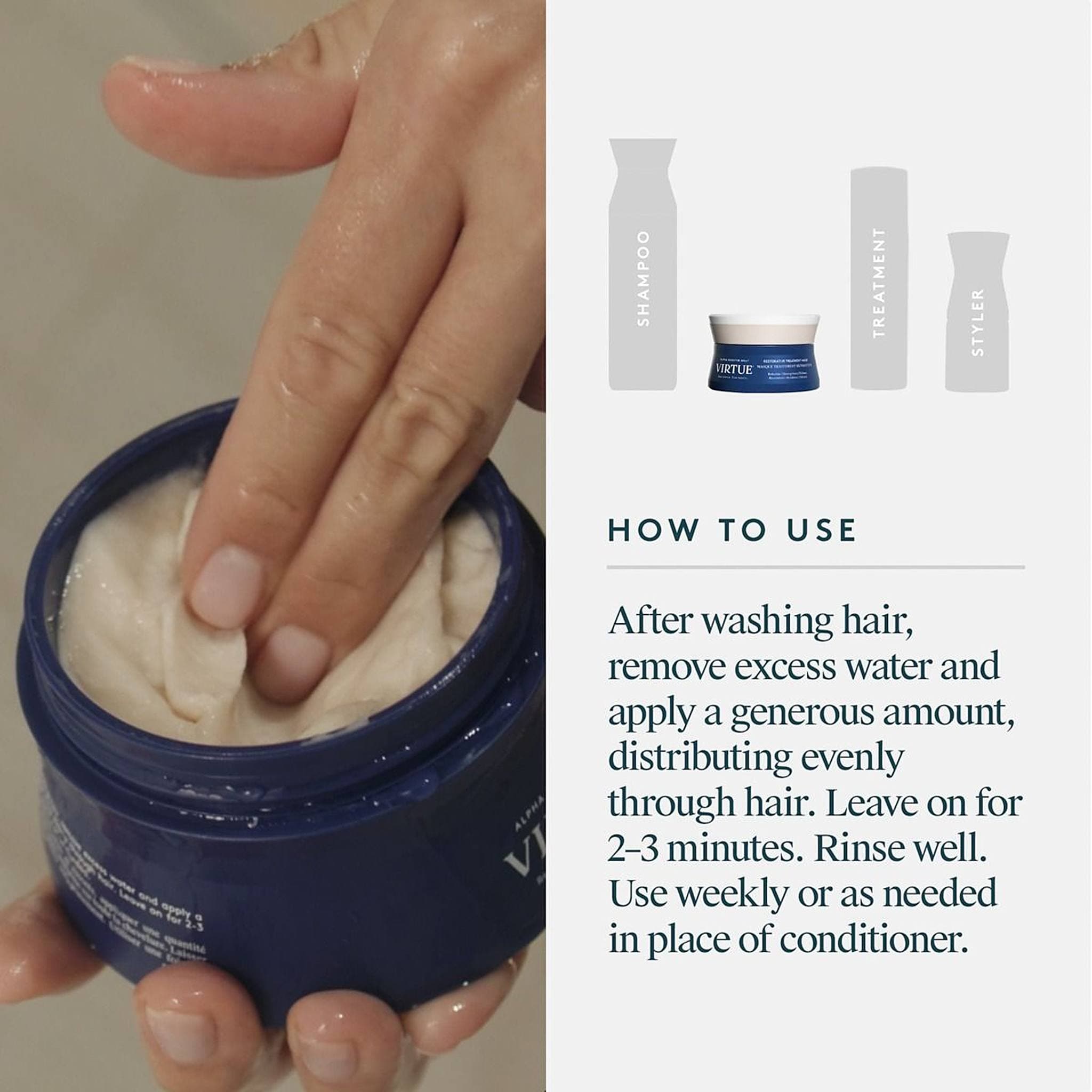 Hand scooping Virtue Restorative Treatment Mask with how to use steps for weekly hair repair