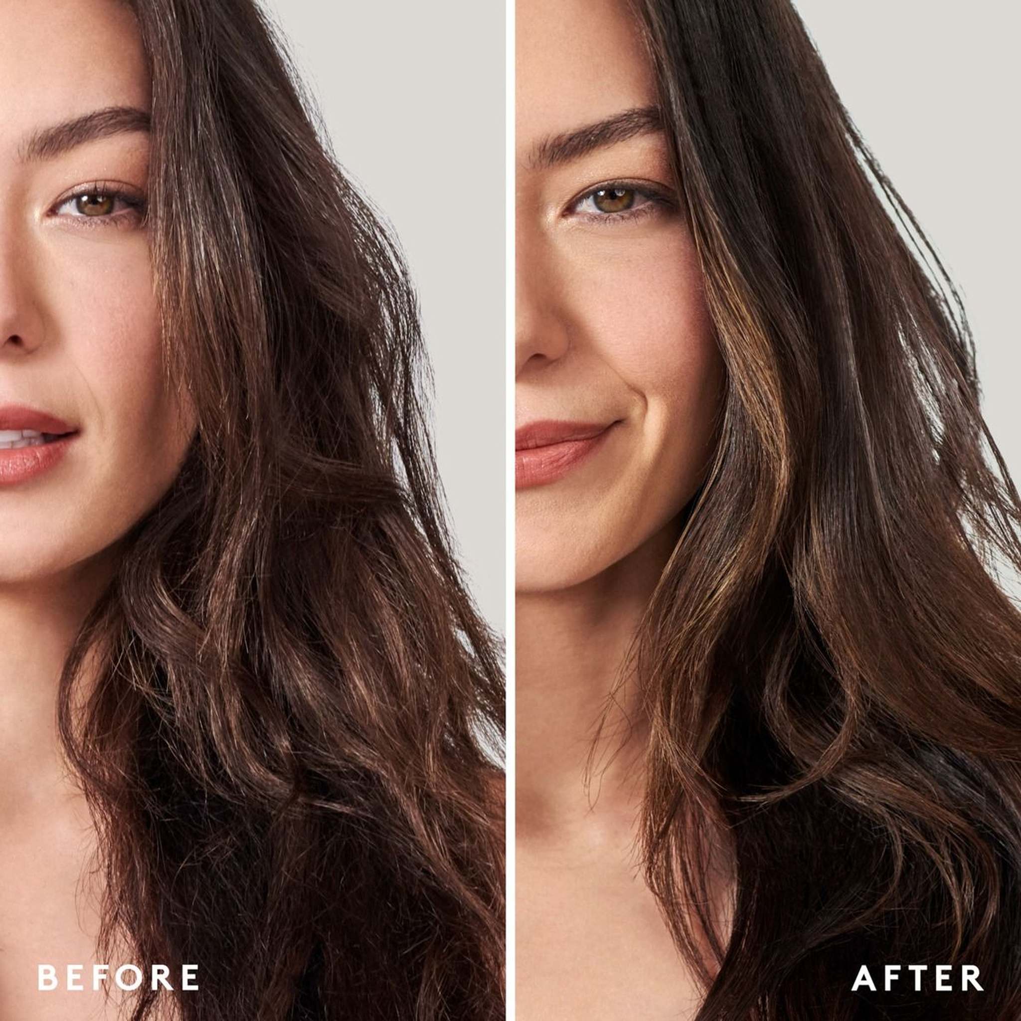 Before and after on long brunette waves showing smoother shinier less frizzy hair with Smooth Conditioner