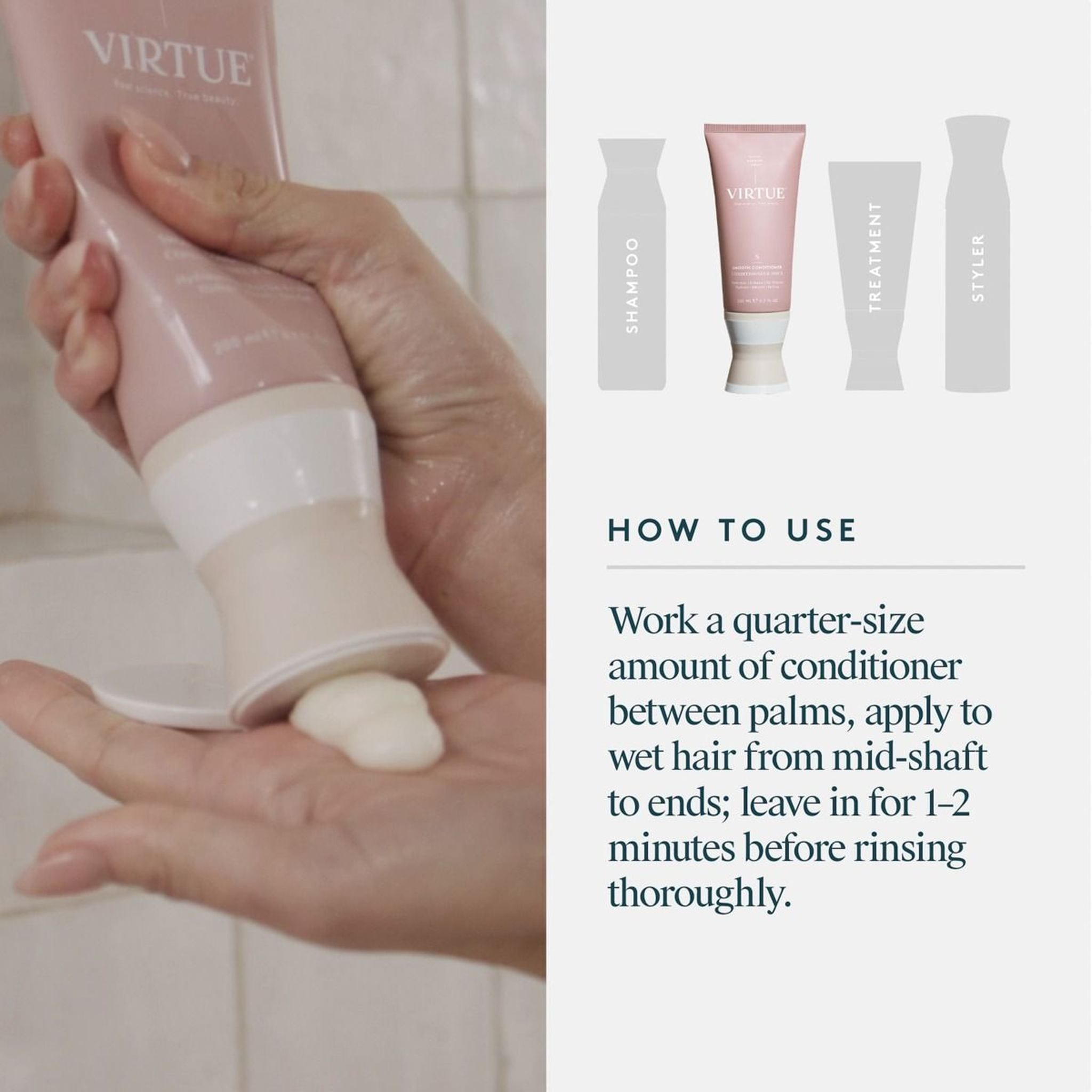 Squeezing a quarter-size amount of Virtue Smooth Conditioner into palm to apply mid-shaft to ends of wet hair