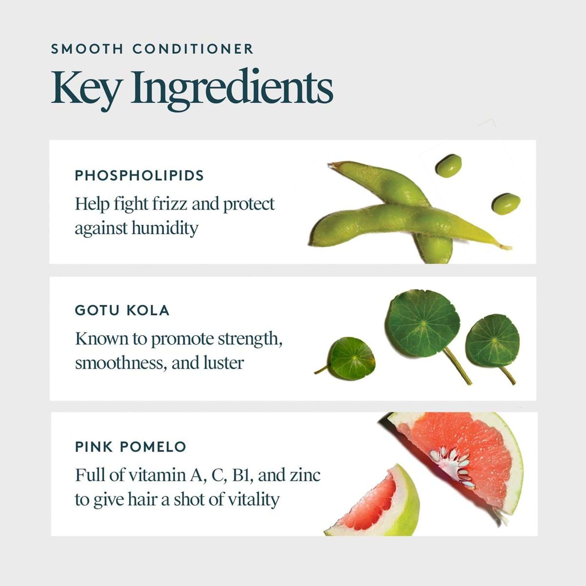 Smooth Conditioner key ingredients phospholipids gotu kola and pink pomelo for frizz control and shine