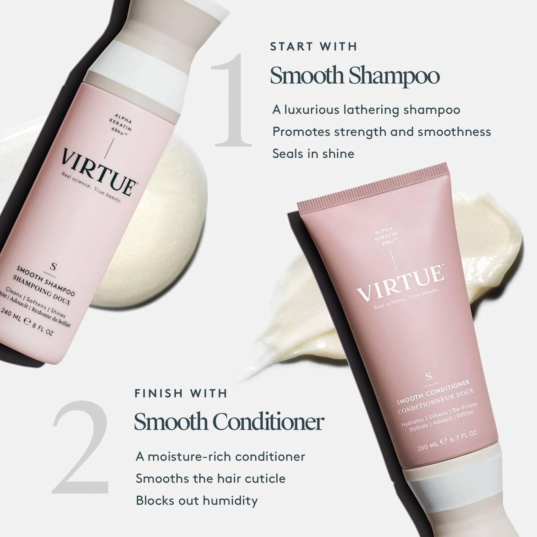 Virtue frizz control routine starting with Smooth Shampoo and finishing with Smooth Conditioner