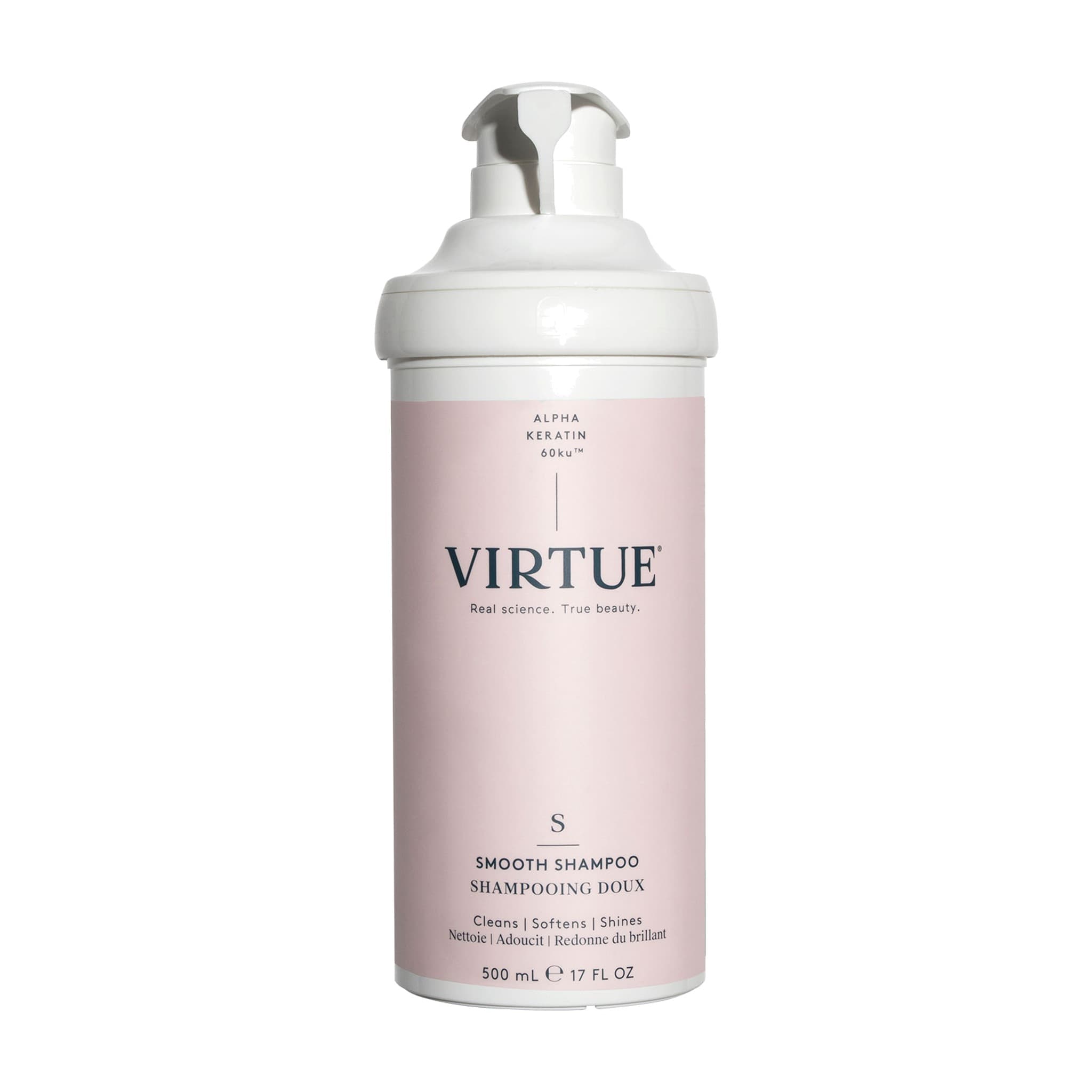 Virtue Smooth Shampoo 17 oz pump bottle size with Alpha Keratin for frizz-prone and wavy hair