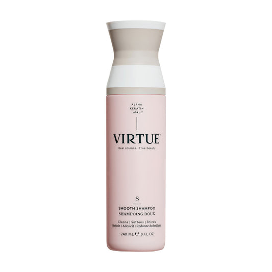 Virtue Smooth Shampoo 8 oz pink bottle with Alpha Keratin that cleans softens and adds shine
