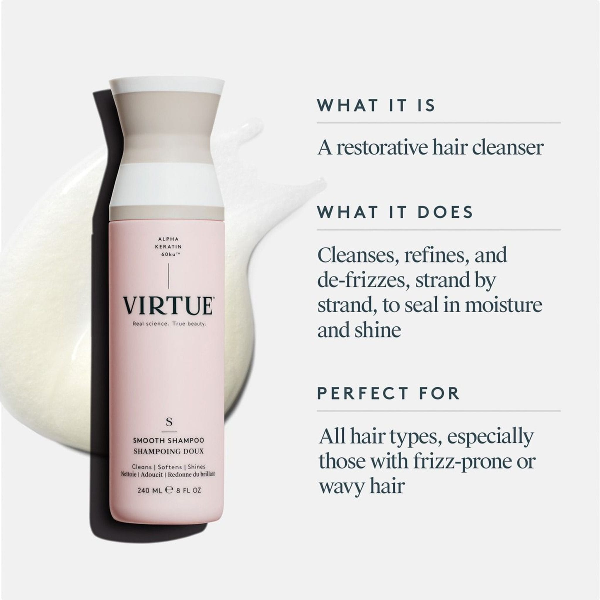 Restorative frizz control shampoo that cleanses and de-frizzes strand by strand to seal in moisture and shine