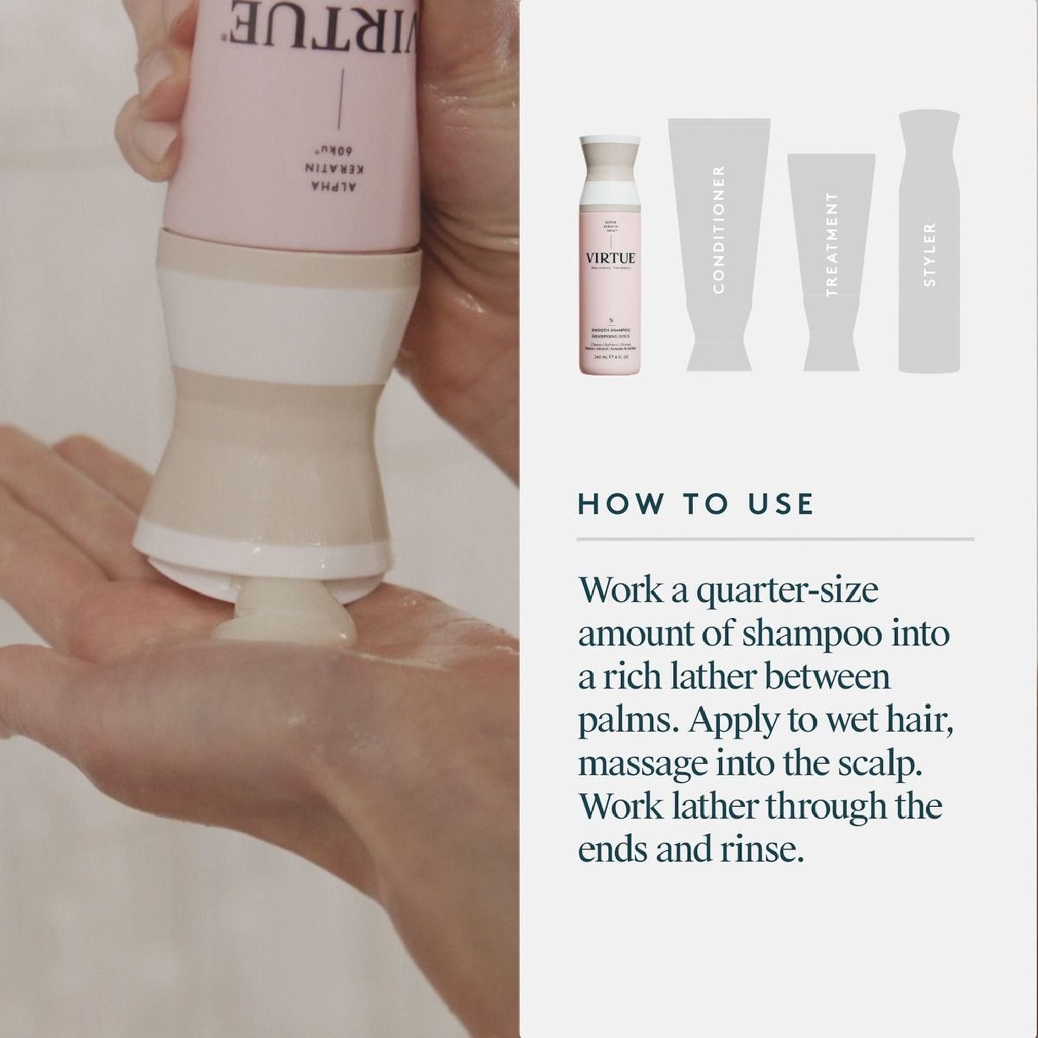 Squeezing a quarter-size amount of Virtue Smooth Shampoo into palm to lather into wet hair and scalp