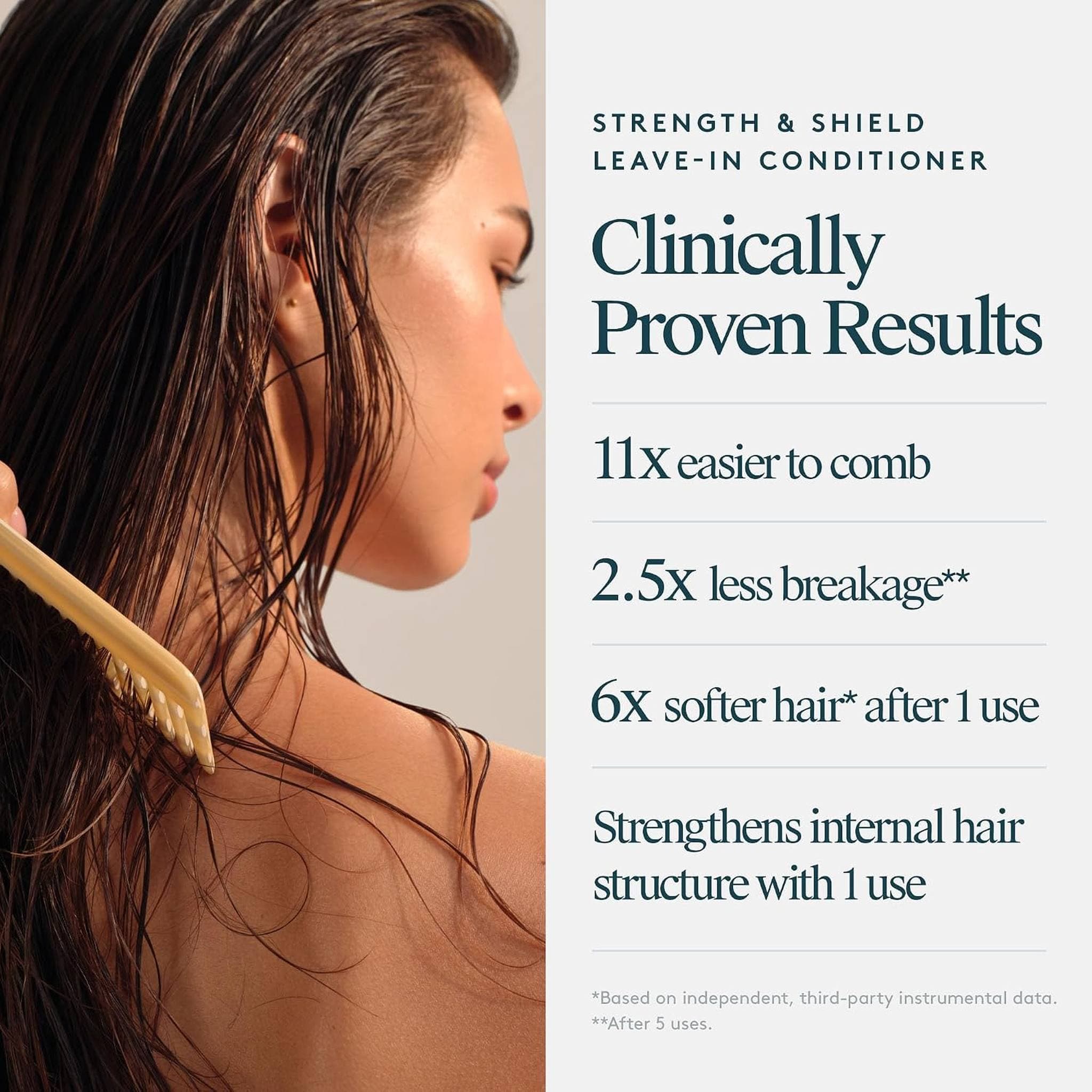 Woman combing wet hair showing VIRTUE Leave-In Conditioner clinical results for less breakage
