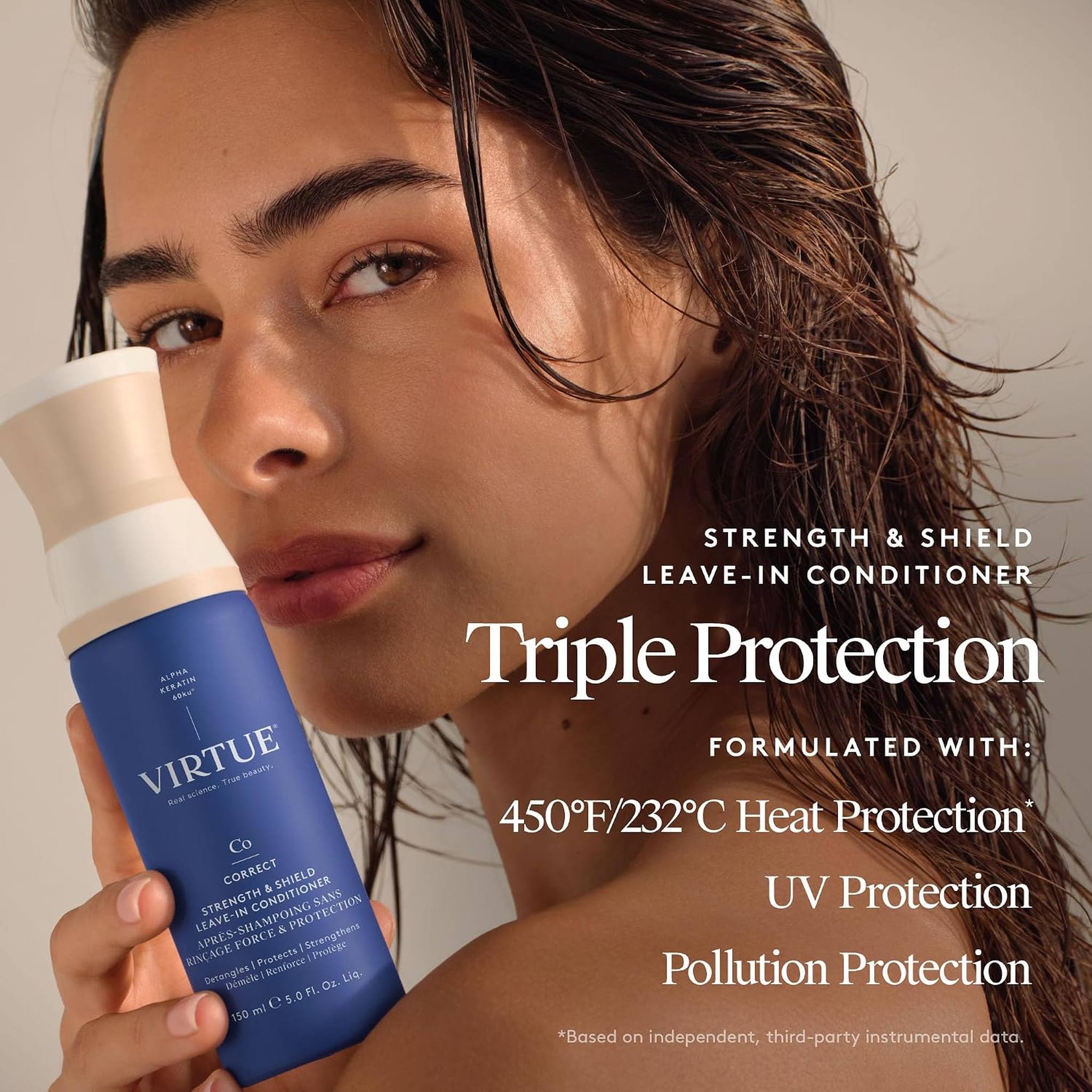Model holding VIRTUE Leave-In Conditioner with 450°F heat UV and pollution protection