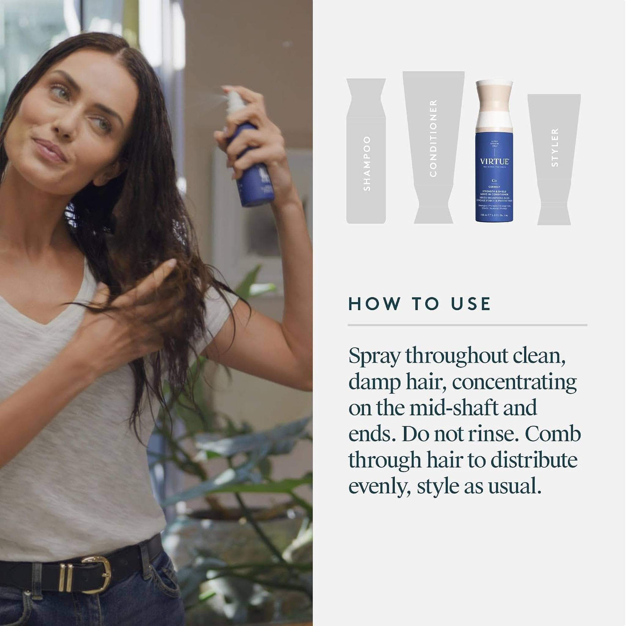 Woman spraying VIRTUE Strength and Shield Leave-In Conditioner on damp hair