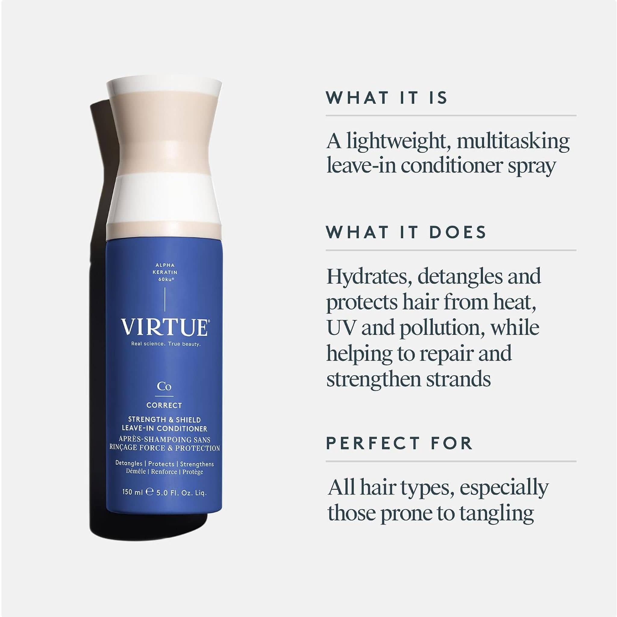 VIRTUE Strength and Shield Leave-In Conditioner spray 150ml bottle for detangling and heat protection