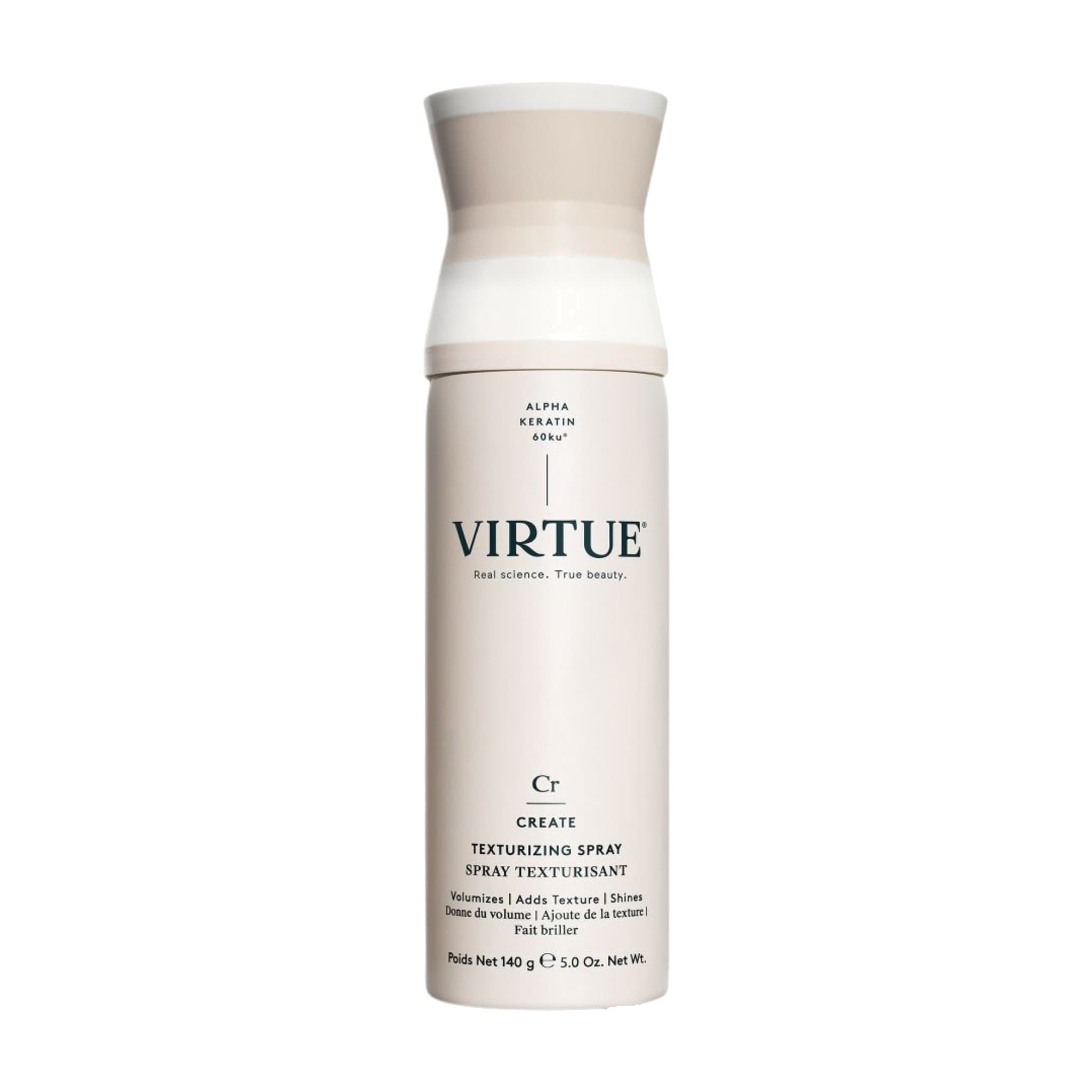 Front of Virtue Texturizing Spray 5.0 oz aerosol that volumizes and adds texture and shine to hair