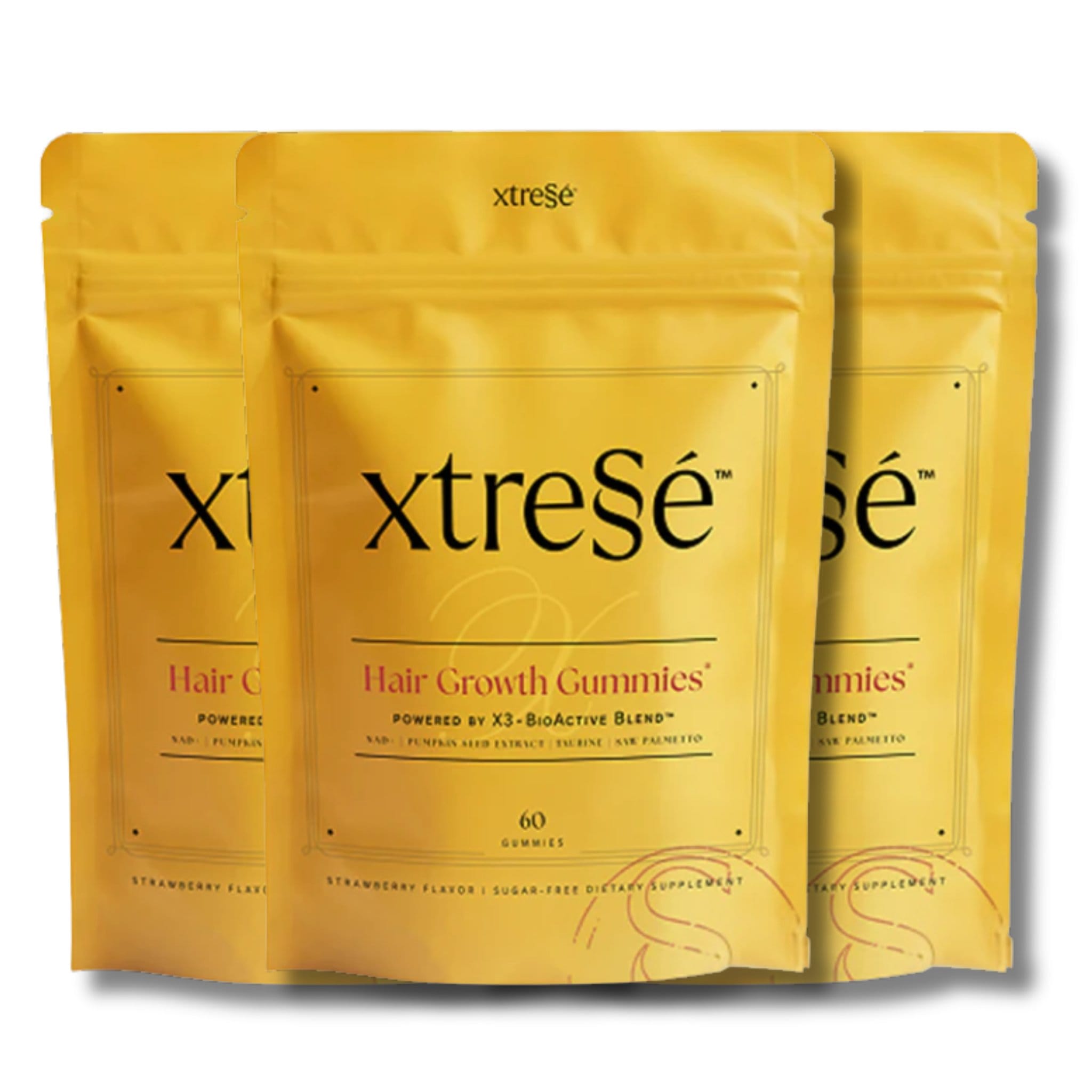 Three pack bundle of Xtressé strawberry hair growth gummies pouches