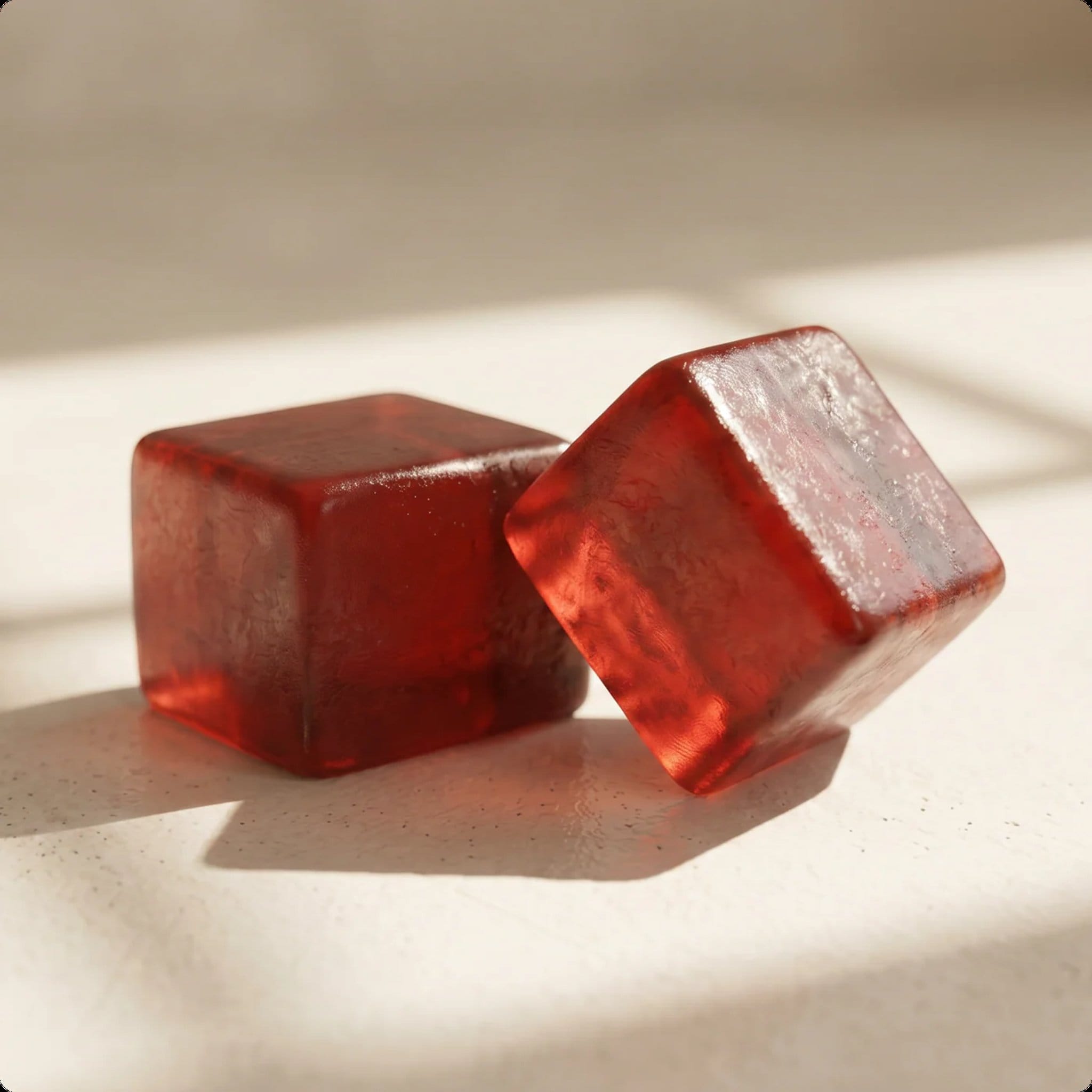 Two strawberry flavored hair growth gummy cubes closeup