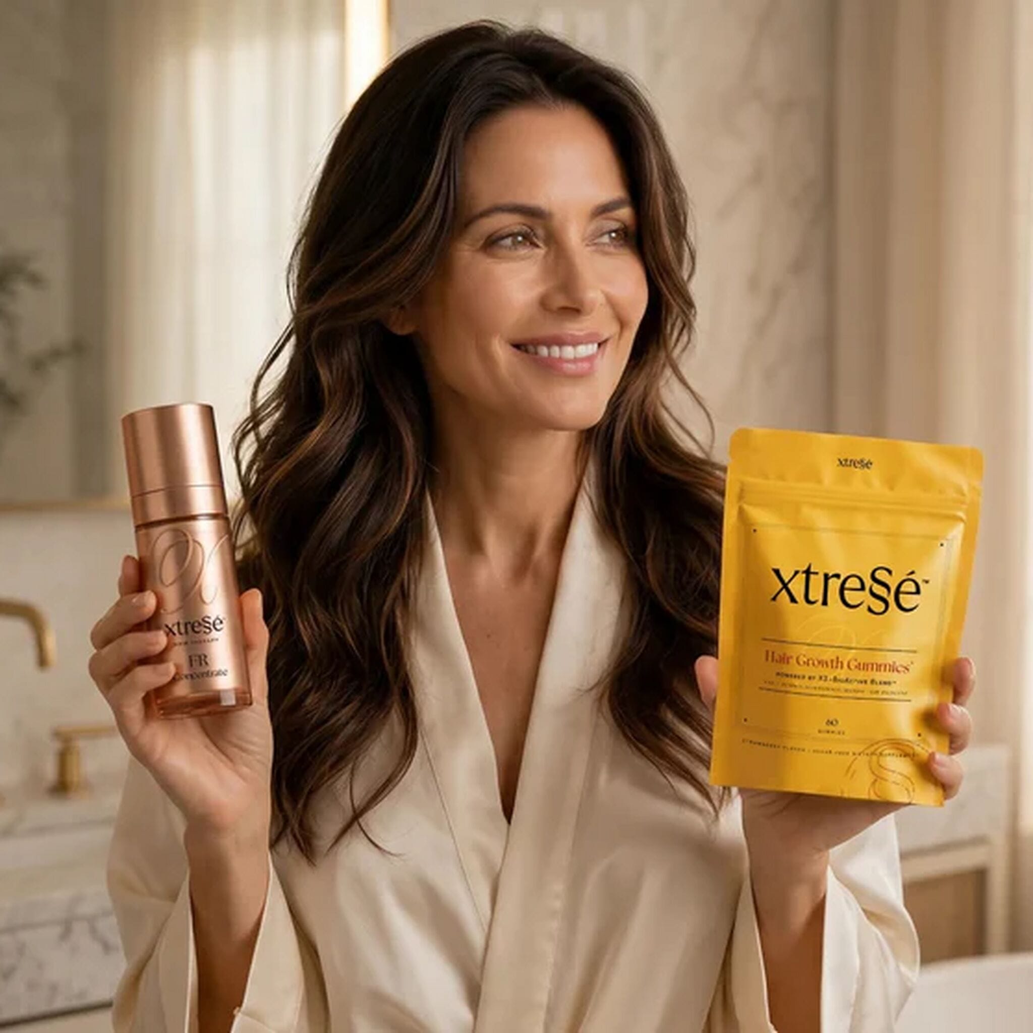 Woman holding Xtressé FR Concentrate and Hair Growth Gummies in bathroom setting