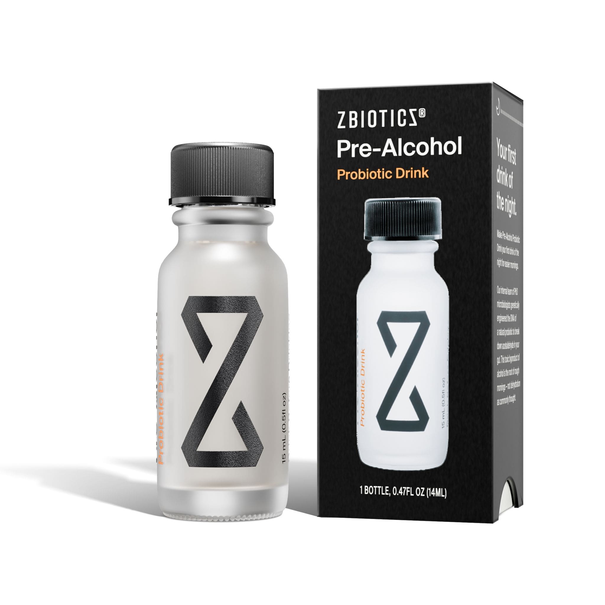 ZBiotics Pre-Alcohol Probiotic Drink bottle and box single pack