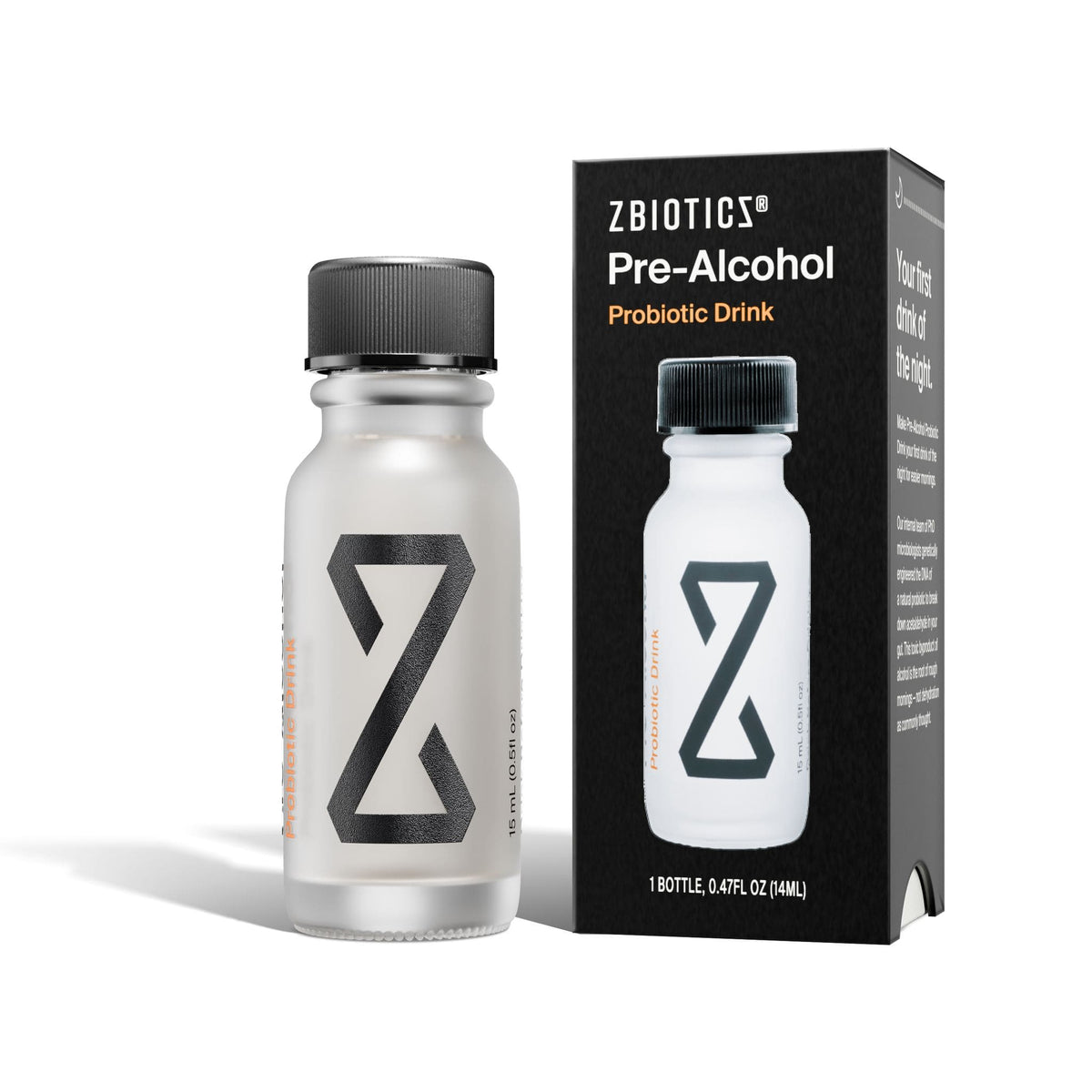 ZBiotics Pre-Alcohol Probiotic Drink bottle and box single pack